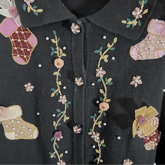 🎄 Gorgeous Vintage Christmas Sweater Embroidered Sequins Ribbons Pearls - Picture 4 of 5